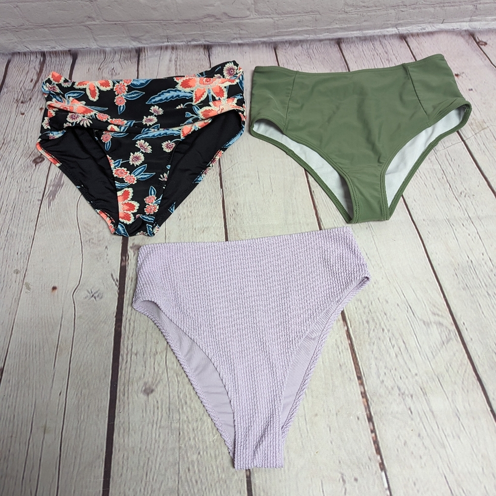 High-Rise Swim Bottoms. Floral, Ribbed, Solid. Medium. 251